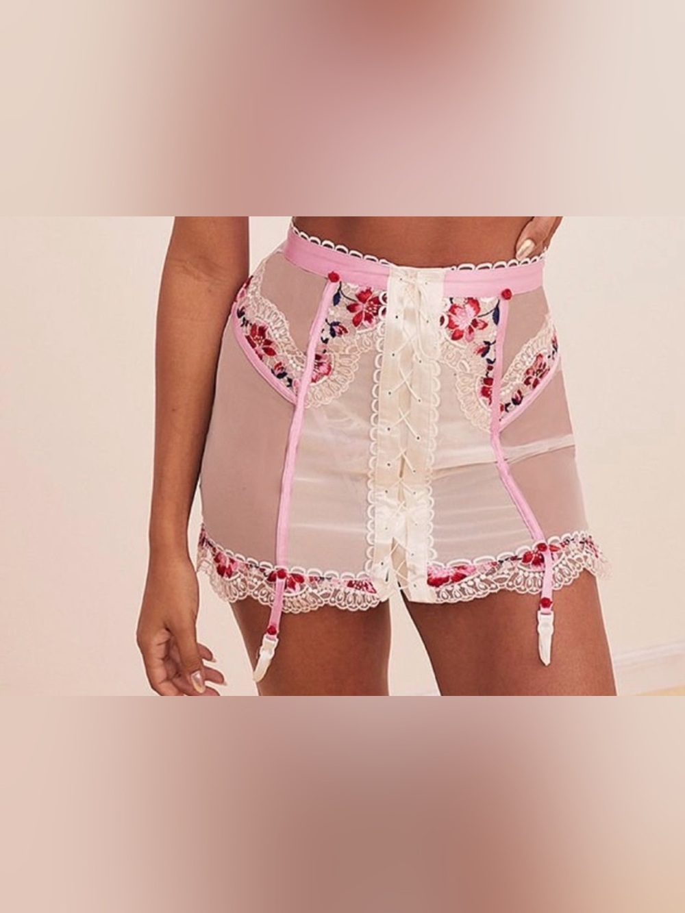 For Love And Lemons Pink Floral Embroidered Sheer Garter Festival Rose Skirt XS
